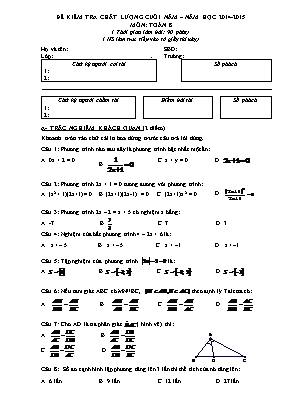 Đề kiểm tra chất lượng cuối năm môn Toán học 8 - Năm học 2014-2015
